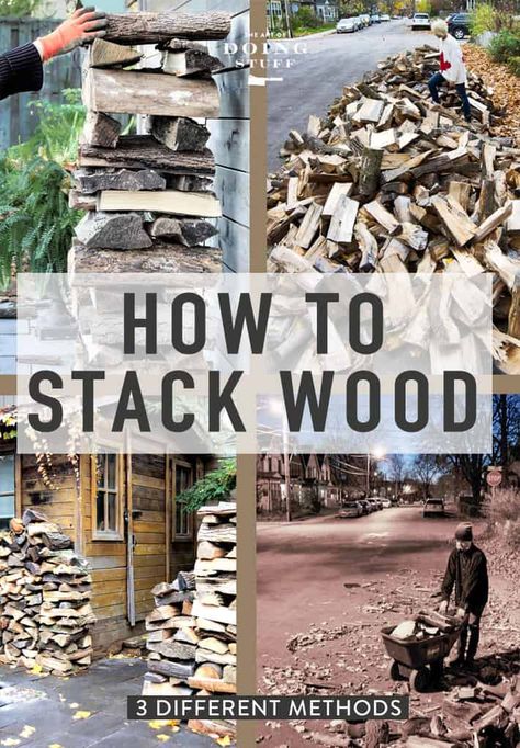 How to Stack Wood - With or Without a Rack Diy Wood Stacking Rack, How To Stack Firewood Outside, Stacking Wood Outdoors, Stacking Wood Ideas, How To Stack Wood Outside, Stack Wood Ideas, Wood Pile Storage Outdoor Diy, Wood Stacking Ideas, Wood Stacking Ideas Outdoor