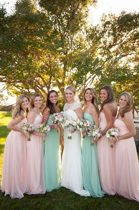 Kennebunkport Wedding, Peach Wedding Colors, Pastel Gown, Pastel Bridesmaids, Wedding Mint, Mint Bridesmaid, Mint Bridesmaid Dresses, Pastel Bridesmaid Dresses, Grey Bridesmaids