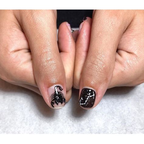 NAILS Y'ALL — Hope your Scorpio birthdays are outta this world!... Scorpio Constellation Nails, Scorpio Zodiac Nails Acrylic, Scorpio Nails Acrylic Design, Scorpio Nail Art, Scorpion Nail Design, Scorpio Nails, Geeky Nails, Scorpio Birthday, Nails Design