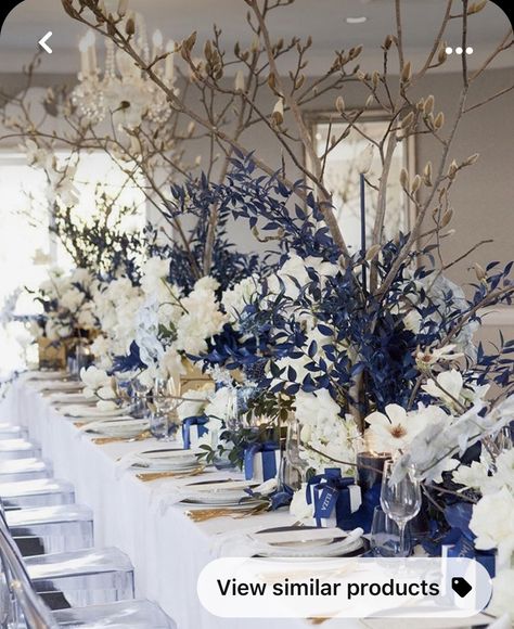 Navy Wedding Decorations, Blue Table Settings, Blue And Blush Wedding, Dark Blue Wedding, Event Entrance, Blue White Weddings, Blue Centerpieces, Moon Wedding, Grass Wedding