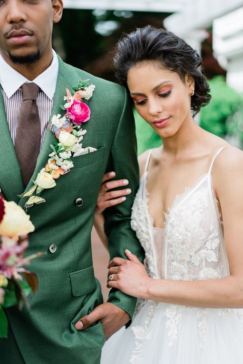 Forest Green Wedding Suit, Floral Boutonniere, Forest Green Wedding, Embroidered Wedding Gown, Green Wedding Suit, Wedding Couple Pictures, Groom And Groomsmen Suits, Groom Pictures, Boston Wedding Photographer