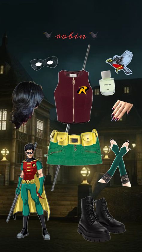 dc robin, party outfit, halloween costume, duo. ⚡️ Halloween Costume Duo, Robin Halloween Costume, Party Outfit Halloween, Gay Halloween Costumes, Costume Duo, Dc Costumes, Robin Costume, Cute Group Halloween Costumes, Classy Halloween Costumes