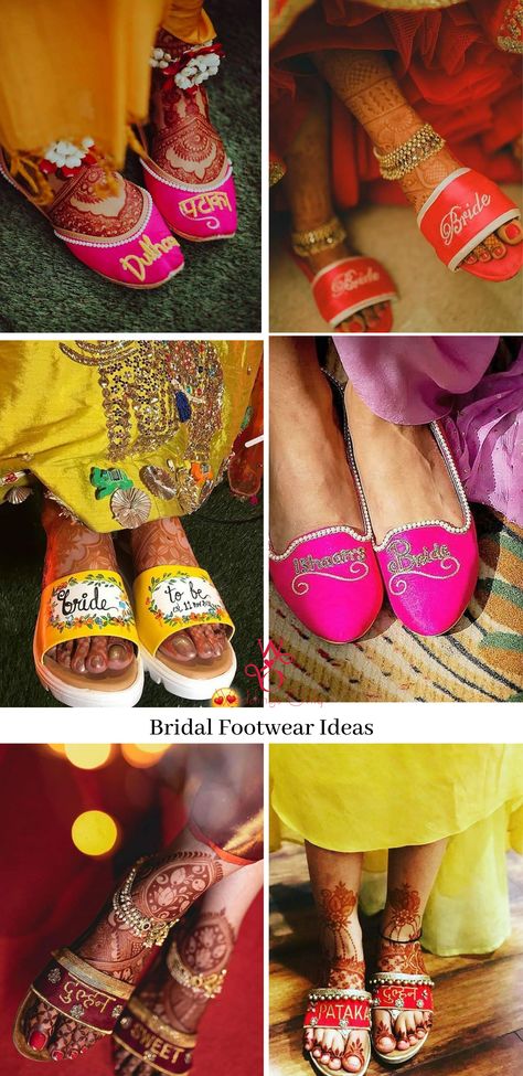 Trending, quirky and comfortable footwear ideas for the brides! Rock your wedding look in these amazing footwear. Sneakers | Juttis | Flats | Boots | Ballerinas  Brides are not afraid to go all out quirky, and we love it! Here are some brides who took things up a notch with their bridal looks.  #bridalfootwearidian #bridalfootwearindianheels #bridalfootwearindianflats #bridalfootwearindianwedges #bridalfootwearindianshoes #bridalfootwearindianbrides #weddingfootwear #weddingfootwearindian #shoes Haldi Shoes For Bride, Haldi Footwear For Bride, Wedding Footwear For Bride Indian, Bride Footwear Indian, Bridal Footwear Indian Wedding Shoes, Bridal Footwear Indian, Bride Footwear, Footwear Ideas, Indian Sandals