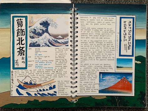 Double Page Artist Research, Hokusai Sketchbook, Gcse Ceramics, Katsushika Hokusai Art, A Level Sketchbook, Artist Research Page, Gcse Sketchbook, Hokusai Art, Aesthetic Sketchbook