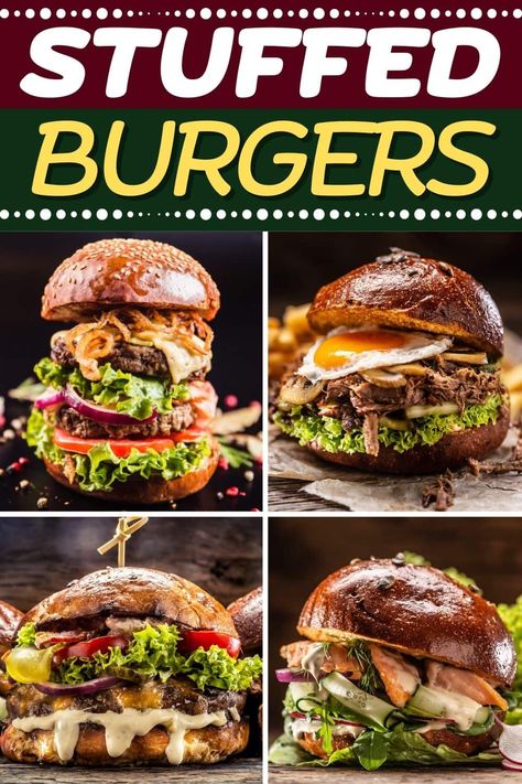 These legendary stuffed burgers are here to take your BBQ game to the next level. They're thick, juicy, and literally bursting with incredible flavors. Stuffed Burgers Recipes, Fancy Hamburgers, Stuffed Burger Recipes, Burger Sliders Recipes, Gourmet Burgers Recipes, Hamburger Meals, Beef Ideas, Burgers Recipes, Sliders Recipes