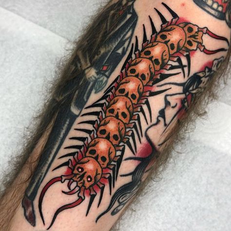 Tooth Centipede Tattoo, Centipede With Eyes Tattoo, Finger Tattoos Traditional, Old School Centipede Tattoo, American Traditional Centipede Tattoo, Traditional Centipede Tattoo, American Traditional Tattoo Sleeve, Centipede Tattoo, Teeth Tattoo