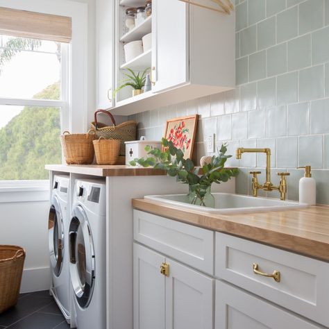 Coastal Laundry Room, White Laundry Room, Laundry Room Tile, White Laundry Rooms, White Laundry, Laundry Room Layouts, Laundry Room Renovation, Laundry Design, Modern Laundry Rooms