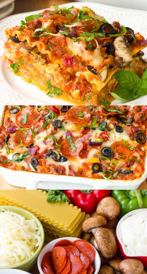 Heavenly Supreme Pizza Lasagna – A fully loaded lasagna recipe with pepperoni, sausage, extra cheese, olives, and tons of veggies! #food #recipe #dinner #foodrecipe #dinnerrecipe #lasagna Pizza Lasagna Casserole, Lasagna With Pepperoni, Lasagna With Pepperoni Recipes, Lasagna Recipe Meat And Vegetable, Black Olives Recipes, Blazy's Pepperoni Studded Lasagna, Pizza Lasagna, Supreme Pizza, Sausage Spaghetti