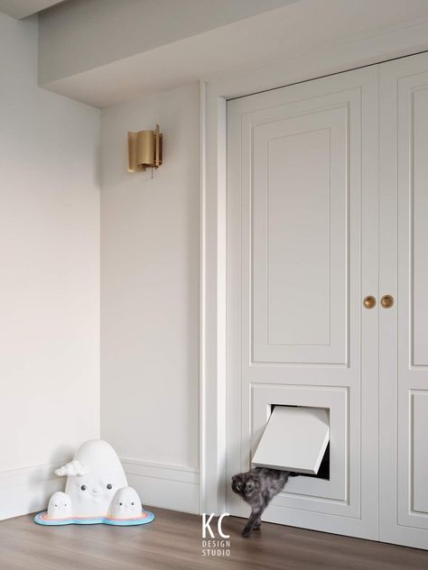 Hidden Pet Door, Wood Cat Door, Cat Door In Door, Cat Door Ideas, Indoor Cat Door, Cat Door Wall, Cat Wardrobe, Interior Cat Door, Kitty Door