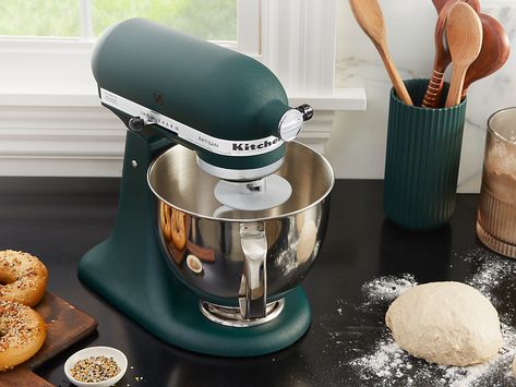 Bagel dough on a countertop next to a blue-green KitchenAid® stand mixer Green Kitchenaid Mixer, Kitchenaid Aesthetic, Green Kitchenaid, Kylie Aesthetic, Pilgrim House, Kitchenaid Refrigerator, Boston Apartment, Countertop Oven, Homemade Bagels