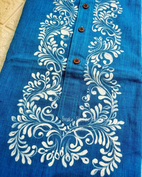 Customized Blue Punjabi Painting ( Men’s Kurta ) on the occasion of Rakhi💙🖌️🎨 . Keep Supporting @_.freaky_sunshine._ 🌈 Stay connected for more amazing stuffs✨️ . Get inspired💫 🚫Please don’t copy or recreate 🚫 🚫Original Design Copyright ©️🚫 . . #alpona #alponadesign #bengali #art #artistsoninstagram #artistsoninstagram #artlover #design #aesthetic #instalove #brushstrokes #banglagram #bengallove #artistic #artstagram #artreels #mandala #rangoli #kolam #india Alpona Art, Punjabi Design, Mandala Rangoli, Brand Collab, Painting Clothes, Fabric Colour Painting, Cloth Painting, Textile Painting, Saree Painting Designs