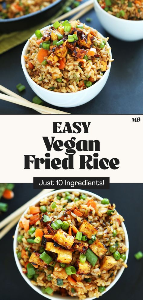 Takeout-style dinner at home! This easy, 10-ingredient vegan fried rice is quick, nourishing, and flavorful with crispy baked tofu, frozen veggies, and a super savory + flavorful sauce. Vegan Rice Recipes, Normal Meals, Fried Rice With Tofu, Tofu Fried Rice, Tofu Fried Rice Vegan, Whole Plant Based Diet, Crispy Baked Tofu, Vegan Fried Rice, Rice Recipes Vegan