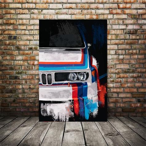 BMW Race Car M Colors. Famous 2002 BMW painting. IMSA 3.0 CSL car that won in Sebring in 1975. This is a digital painting, an expressive take on a classic car. Great gift for anyone who loves cars! I absolutely love sketching and painting cars. https://www.etsy.com/shop/zgarageart Will be printed on Bmw Race Car, Race Car Art, Bmw Art, Car Artwork, Garage Art, Cave Decor, Art Birthday, Industrial Art, Automotive Art