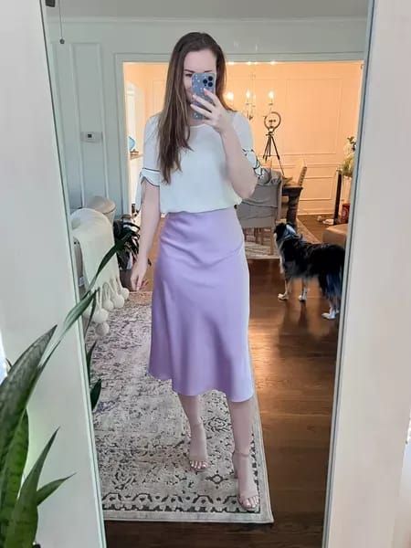 Lavender Skirt And Top, Lilac Skirt Outfits, Lavender Skirt Outfit, Satin Midi Skirt Outfits, Satin Midi Skirt Outfit, Stylish Modest Outfits, Modest Work Outfits, Sunday Best Outfit, Summer Work Outfit