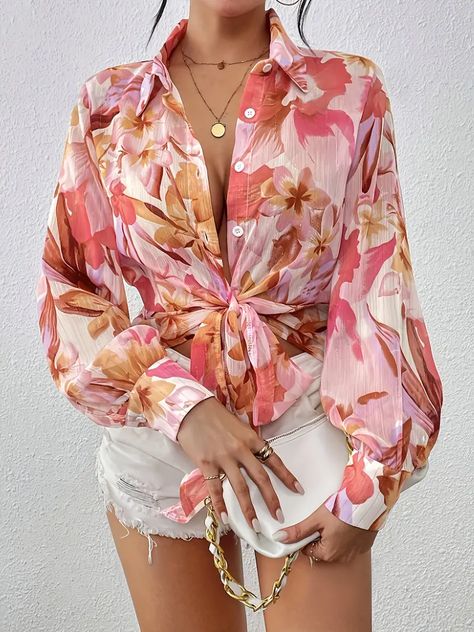 Floral Print Button Front Blouse Elegant Lantern Sleeve - Temu Boho Picnic, Chic Maxi Dresses, Butterfly Blouse, Floral Sundress, Classic Blazer, Floral Midi Skirt, Pink Boho, Fabric Floral, Orange Fashion