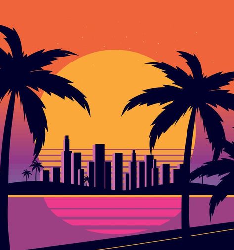 Miami Painting Ideas, Vice City Tattoo, Miami Graphic Design, Miami Drawing, Miami Painting, Miami Vice Theme, City Logos Design, Miami Posters, Beach Sketches