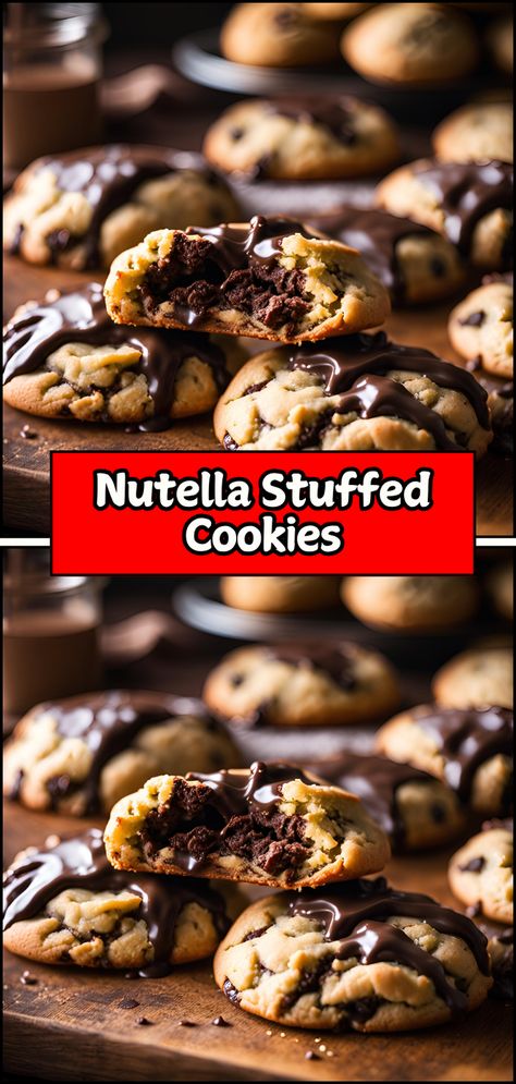 Indulge in the decadence of Nutella Stuffed Cookies! 🍪✨ These soft and chewy cookies are generously filled with creamy Nutella, creating a delicious surprise in every bite. The rich chocolate hazelnut filling pairs perfectly with the buttery cookie dough, making these treats an irresistible dessert for any occasion. #NutellaStuffedCookies #Baking #SweetTreats #ChocolateLovers #CookieIndulgence Nutella Stuffed Cookies, Hazelnut Filling, Buttery Cookie, Stuffed Cookies, Chewy Cookies, Nutella Cookies, Buttery Cookies, Cookies Recipes, Chocolate Chip Cookie Dough