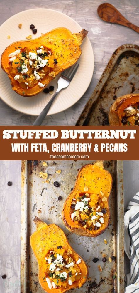 This baked butternut squash stuffed with pecans, cranberries, honey, and feta cheese is the perfect side dish for fall! Make this super easy stuffed butternut squash whenever you are craving something comforting and delicious! #easypeasycreativeideas #butternut #butternutsquash #squash #fallrecipes #healthyrecipes #healthyfood #sidedish Baked Squash Recipes, Butternut Squash Stuffed, Stuffed Butternut Squash, Butternut Squash Recipes Roasted, Stuffed Butternut, Butternut Squash Recipe, Butternut Squash Apple, Fall Favorites Recipes, Food Dinners