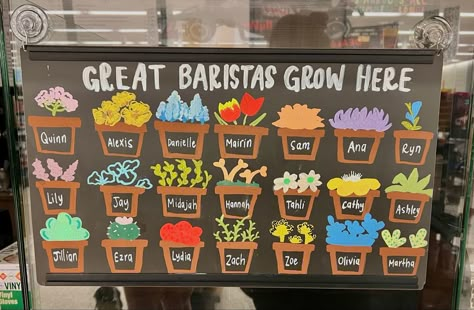 Barista Appreciation Ideas, Starbucks Employee Board, Starbucks Barista Board Ideas, Barista Of The Month Board, Starbucks Customer Connection Ideas, Meet Your Barista Board, Barista Board Ideas, Starbucks Summer Chalkboard Art, Spring Starbucks Chalkboard Art