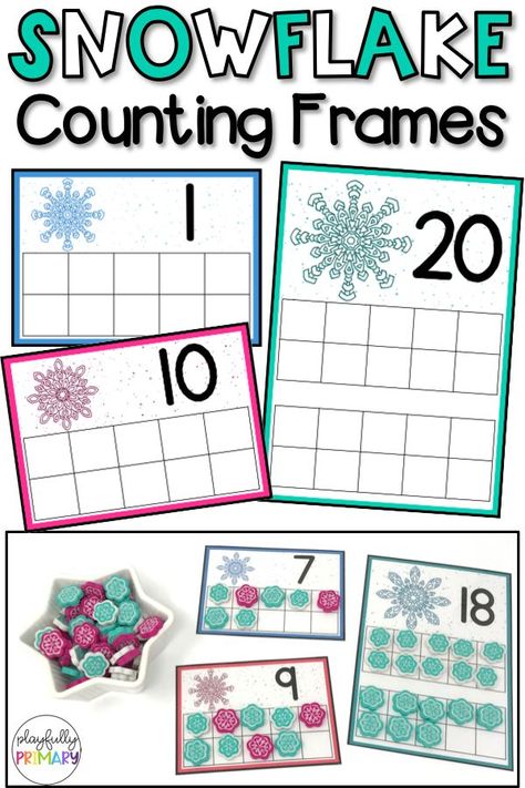 Snowflake Counting Frames - mini eraser math center activities. Preschool and Kindergarten students practice counting, numbers, and number recognition 0-20 using snowflake mini erasers and the ten frame printable. These easy prep cards will fit perfectly with a Christmas or winter seasonal unit. Perfect for math centers, morning work tubs, busy bins, homeschool, and Montessori! Kindergarten Holiday Activities, Kinder Math Centers, Winter Activities Preschool, Winter Holiday Crafts, Preschool Units, Winter Math, Preschool Class, Thanksgiving Preschool, Math Center Activities