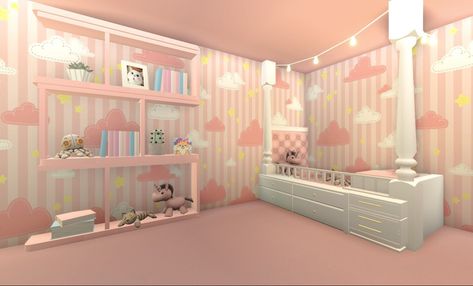 Credit to Yumekookie Adopt Me Nursery Ideas, Bloxburg Nursery Ideas, Adopt Me Small House Ideas, Luxury Baby Room, Bloxburg Interior, Building Hacks, Baby Room Decals, Bloxburg Building, Bloxburg Bedroom