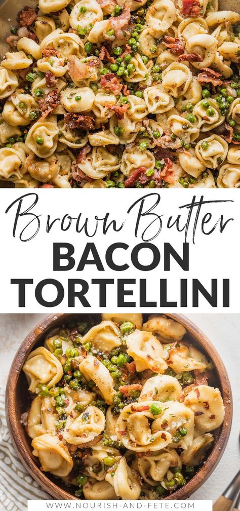 This brown butter Bacon Tortellini is quick and easy yet tastes luxurious, with cheesy tortellini, crisp bacon, tangy shallots, and tender peas. It makes a fantastic weeknight dinner but also is completely worthy of serving to company. Pork Tortillas, Tortellini Dishes, Bacon Tortellini, Cheesy Tortellini, Bacon Dinner, Tomato Tortellini Soup, Easy Skillet Meals, Tortellini Recipes, Cooked Pasta