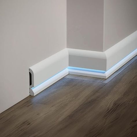 Amazon.com: Baseboard Molding with Led Lights 13 Pieces (Totaly 31,2m/1.228'') White Base Moulding Wall Decor - Each Skirtingboard is 240x10,1x1,9 cm (1 Skirting Board (94'')) : Tools & Home Improvement Led Skirting Board, Lighted Baseboards, Led Baseboard Lighting, Baseboard Lighting, Skirting Board Ideas, Moulding Wall, Modern Baseboards, Baseboard Molding, Smart House