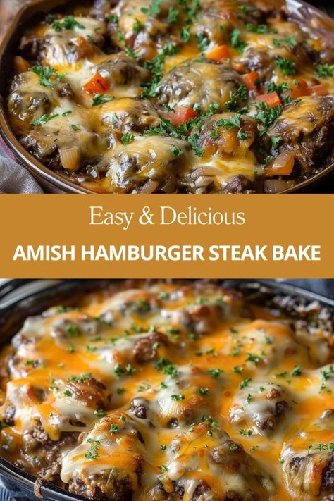 Amish Hamburger Steak Bake Main Dishes With Hamburger Meat, Recipes Made With Hamburger Meat, Hamburger Steaks Recipes, Dinner Made With Hamburger, Ideas For Hamburger Meat Dinners, Amish Hamburger Bake, Hamburg Skillet Recipes, Quick And Easy Dinner Recipes Hamburger, Hamburger Steak Casserole