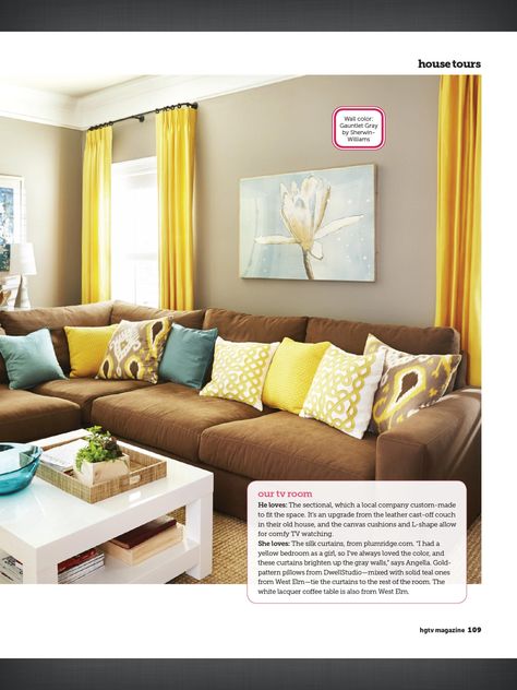 I love the curtain length and color.  Color palette similar with my couches. Brown Couches, Couch Grau, Living Room Decor Brown Couch, Brown Living Room Decor, Brown Couch Living Room, Furnitur Ruang Keluarga, Brown Couch, Beige Wall, Yellow Living Room