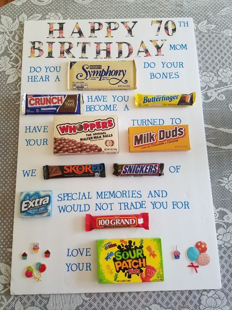 Candy board 70th birthday laughs gift 70th Birthday Sign Ideas, 70th Birthday Party Ideas At Home, Dad's 70th Birthday Party Ideas, Funny 70th Birthday Ideas Gag Gifts, 70th Birthday Ideas For Mom Gift, 70th Bday Party Ideas For Dad, 70th Birthday Gift Ideas For Dad, 70th Bday Party Ideas For Mom, 70 Birthday Party Ideas Mom