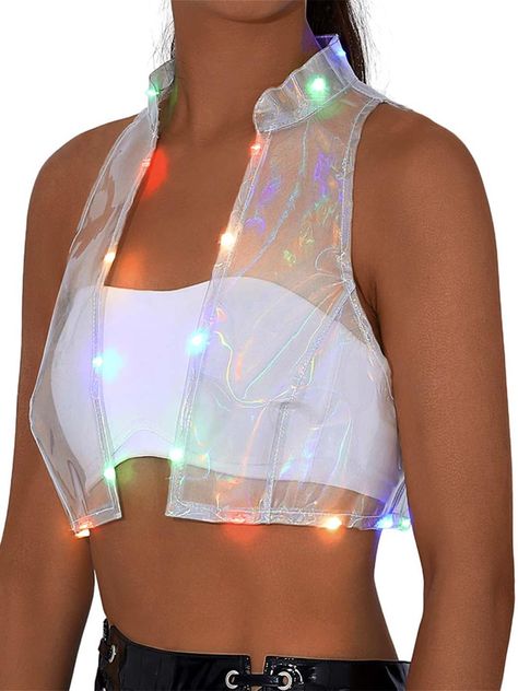 PRICES MAY VARY. Flashing crop vest jacket is made of tpu polyester, clear and lightweight.This vest use soft and breathable fabric, comfortable and fashionable. Open front cropped waistcoat size: S/M.Please refer the size chart in the picture for more details that choose the most suitable size for yourself. Shinny light up waistcoat is featuring led flashing design, open front, sleeveless, collar, cropp top length, soft smooth full lining to stop the vest from scratching your skin.Delicate dura Cardigan Vest Sleeveless, Rave Fits, Leather Waistcoat, Blue Bodysuit, Rave Outfit, Cropped Vest, Sleeveless Cardigan, Man Fashion, Vest Coat