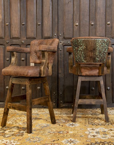 Farmhouse Style Bar Stools, Adobe Interior, Leather Barstools, Rustic Bar Stools, Brown Bar Stools, Shop Stool, Tufted Leather, Ranch Style Home, Alder Wood