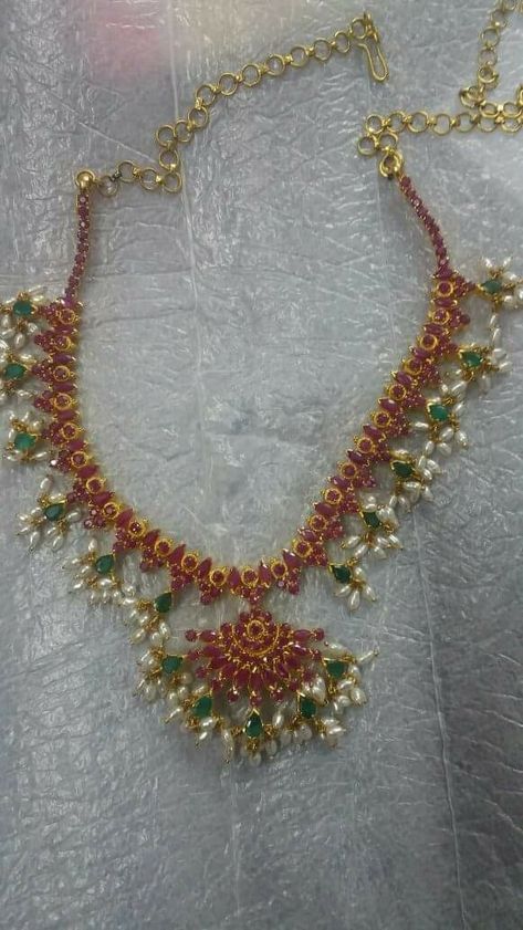 Ravvala necklace Redesigning Old Ruby Necklace, Redesign Gold Jewellery, Red Ruby Necklace Gold, Old Jewellery Redesigned Indian, Redesigned Jewelry Before And After, Kempula Necklace Designs, Kempulu Necklace, Kempula Haram Designs, Rubies Necklace