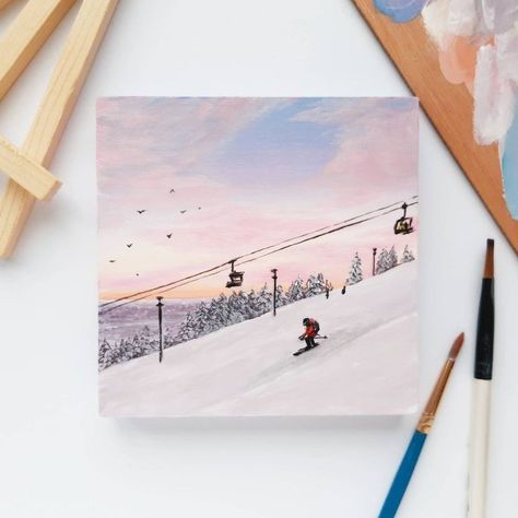 Mini Sunset Painting, Art Pastel Colors, Cute Sunset, Square Artwork, Square Painting, Easy Canvas Art, Wooden Canvas, Art Pastel, Small Canvas Art