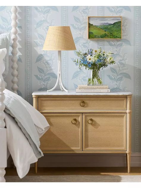 Marble Nightstand, Neutral Bedrooms, Blue Lily, Serena And Lily, Luxury Suite, Serena & Lily, Carrara Marble, Marble Top, Floral Wallpaper