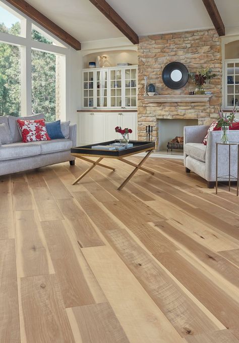 Classic Hickory flooring shown in a traditional living room setting, followed by a close-up angled image. Tiles Design For Hall, Hickory Floors, Living Room Floor Tiles, Hickory Flooring, Tiles Designs, Real Wood Floors, Floor Tile Design, Wooden Floor, Commercial Flooring