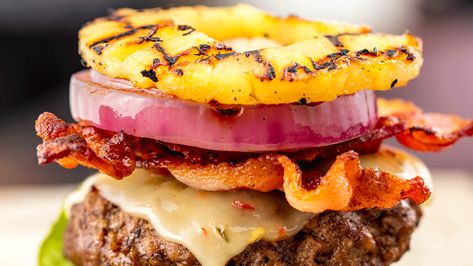 Pineapple Bun Burgers Are The Low-Carb Hack You Need Right NowDelish Pineapple Burger, Backyard Bbq Food, Teriyaki Burgers, Pineapple Bun, Cloud Bread, Bbq Food, Meat Dinners, Backyard Bbq, Burger Recipes