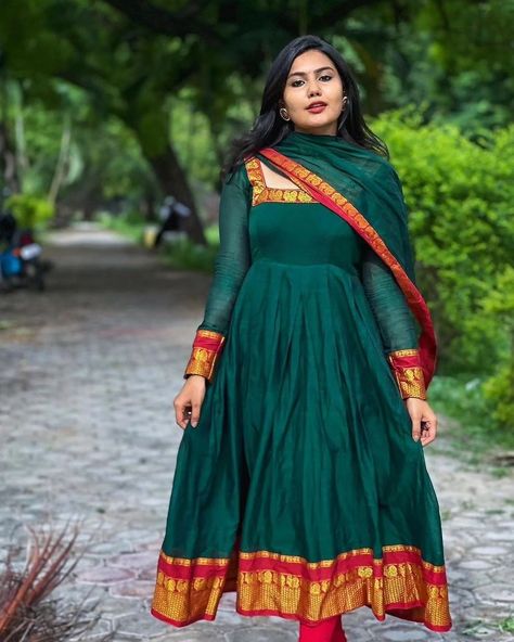 Kanchi Cotton Long Frocks, Narayanpet Dress Designs, Cotton Umbrella Frocks For Women, Narayanapeta Long Frock Designs, Pattu Gowns For Women, Narayanpet Dress, Pattu Long Frocks For Women, Saree Dress Design Ideas, Pattu Frocks