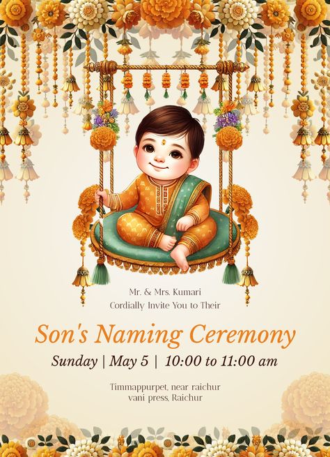 An easy-to-edit invitation template for Google Docs. Naming Ceremony Template, Naming Ceremony Invitation Card Template, Naming Ceremony Invitation Indian, Namkaran Invitation Card Background, Naming Ceremony Invitation, Docs Templates, Birthday Photo Frame, Naming Ceremony, Baby Shower Invitation Cards