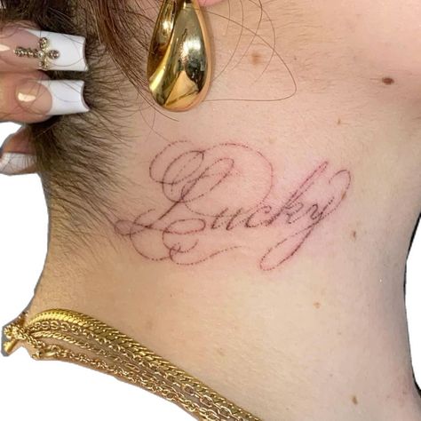 Script Tattoo Neck, Script Neck Tattoo, Cursive Neck Tattoo, Neck Script Tattoo, Lucky Tattoo, Throat Tattoo, Cursive Tattoos, 4 Tattoo, Text Tattoo