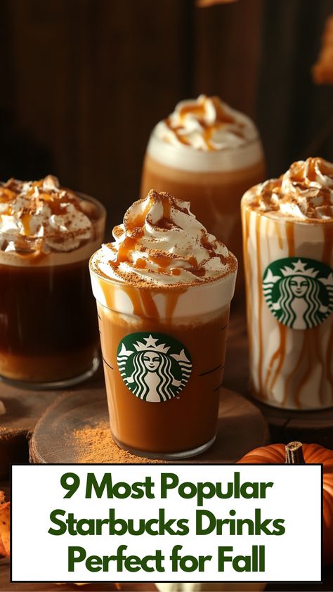 A selection of popular fall Starbucks drinks displayed on a wooden table, including a Pumpkin Spice Latte topped with whipped cream and spices, a Caramel Apple Spice drink garnished with caramel drizzle, and other seasonal favorites, all surrounded by autumn leaves and warm tones for a cozy, inviting feel. Starbucks Fall Drinks 2024, Starbucks Drinks To Try Fall, Fall Drinks At Starbucks, Warm Starbucks Drinks To Order, Best Fall Drinks, Starbucks Seasonal Drinks, Popular Starbucks Drinks, Starbucks Drinks To Order, Starbucks Caramel Apple Spice