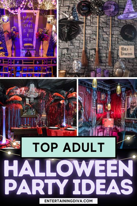 Top Adult Halloween Party Ideas Witch Theme Party Decoration, Halloween Garage Party, Halloween Adult Party Ideas, Witch Party Ideas For Adults, Adult Halloween Party Ideas Decoration, Harry Potter Party Theme, Halloween Party Ideas For Adults Theme, Halloween Party Themes For Adults, Adult Halloween Party Ideas