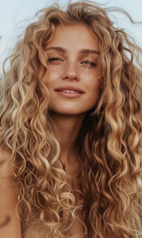 Warm Blonde Curly Hair, Long Blonde Curly Hair, Blonde Hair Goals, Strawberry Blonde Hair Color, Blonde Wavy Hair, Blonde Curly Hair, Colored Curly Hair, Strawberry Blonde Hair, Blonde Hair Looks