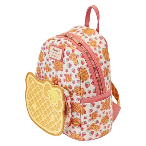 Mix up the recipe for a look that’s too sweet to eat! The Loungefly Hello Kitty Breakfast Waffle Mini Backpack has transformed this adorable friend into a tasty breakfast treat. Taking shape on the bag’s front zipper pocket, Hello Kitty appears as a waffle with a three-dimensional cube of butter on her bow. Up above, an allover print of Hello Kitty-themed waffles appears on a background of super cute strawberries. Be careful not to drool as you sniff the bag’s waffle-scented details! Glitter trim appears along the side pockets and shoulder straps to tie the look together. Whether you’re on your way to brunch or planning a home-cooked meal, this mini backpack is the perfect menu item for a fashionable serve.The Loungefly Hello Kitty Breakfast Waffle Mini Backpack is made of vegan leather (p Sanrio Loungefly Backpack, Hello Kitty Breakfast, Waffle Mini, Sanrio Backpack, Loungefly Hello Kitty, Loungefly Backpack, Hello Kitty Purse, Cute Mini Backpacks, Breakfast Waffles