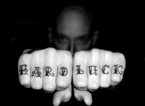 Hard Luck Knuckle Lettering Tattoo On Man Good Luck Knuckle Tattoo, Knuckle Tattoo Lettering, Finger Font Tattoo, Knuckle Tattoo, Knuckles Tattoo, Luck Tattoo, Kitten Tattoo, Inner Bicep Tattoo, Knuckle Tattoos