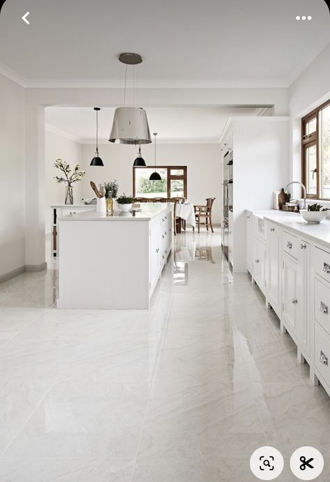 Kitchen Design White Floor Tiles, Shiny Kitchen Floor Tiles, Kitchen Tile Floor Remodel, Open Plan Kitchen Living Room Tiles, Marble Floor In Kitchen, Marble Floors In Kitchen, White Kitchen Marble Floor, White Floor White Kitchen, Marble Kitchen Flooring Ideas