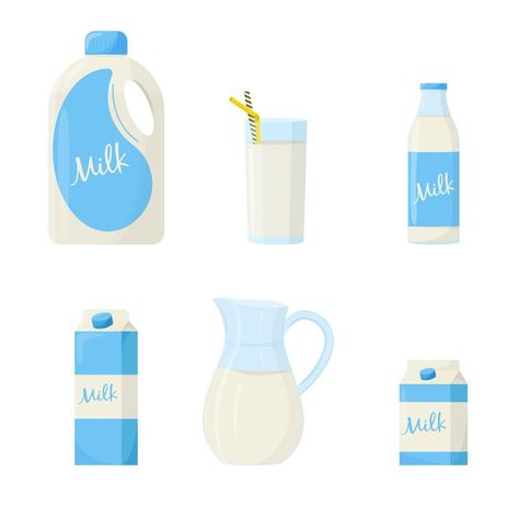 Set of milk in different packages glass, carton, bottle. Elements for design farm products, healthy food. Flat vector illustration. Milk Carton Illustration, Elements For Design, Farm Products, Flat Vector Illustration, Flat Vector, Healthy Food, Art Inspo, Vector Art, Vector Illustration