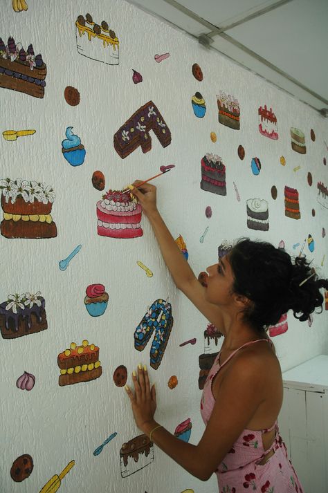 Bakery Wall Art, Cake Shop Interior, Business Painting, Cafe Aesthetics, Chocolate Walls, Baking Theme, Ib Art, Wall Murals Diy, Ceiling Painting