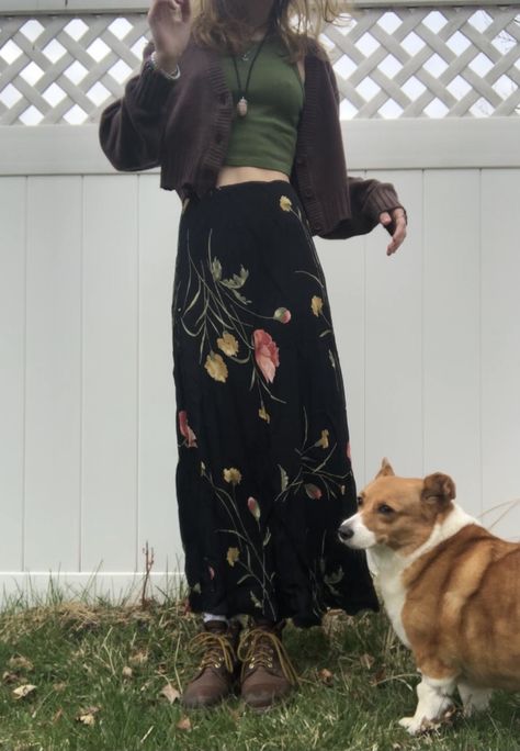 long skirt cardigan doc martens outfit Skirt Outfits Summer Long, Long Skirt Outfits Whimsigoth, Styling Long Floral Skirt, Long Flowered Skirt Outfit, Vintage Outfits Cardigan, Long Dress Doc Martens Outfits, Dark Floral Skirt Outfit, Long Floral Skirt Aesthetic, Wollen Skirt Outfits