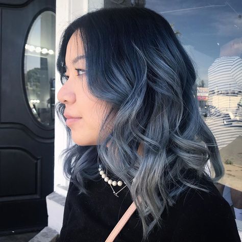 Gorgeous deep grey ombre by @mndz_b- try our Slate Grey + Eclipse Black for a similar style! #lunartides #greyhair #silverhair #ombrehair Blue And Silver Hair Ombre, Blue And Grey Hair, Ashy Blue Hair, Slate Grey Hair, Ash Blue Hair, Balyage Hair, Silver Ombre Hair, Blue Grey Hair, Bleach Hair